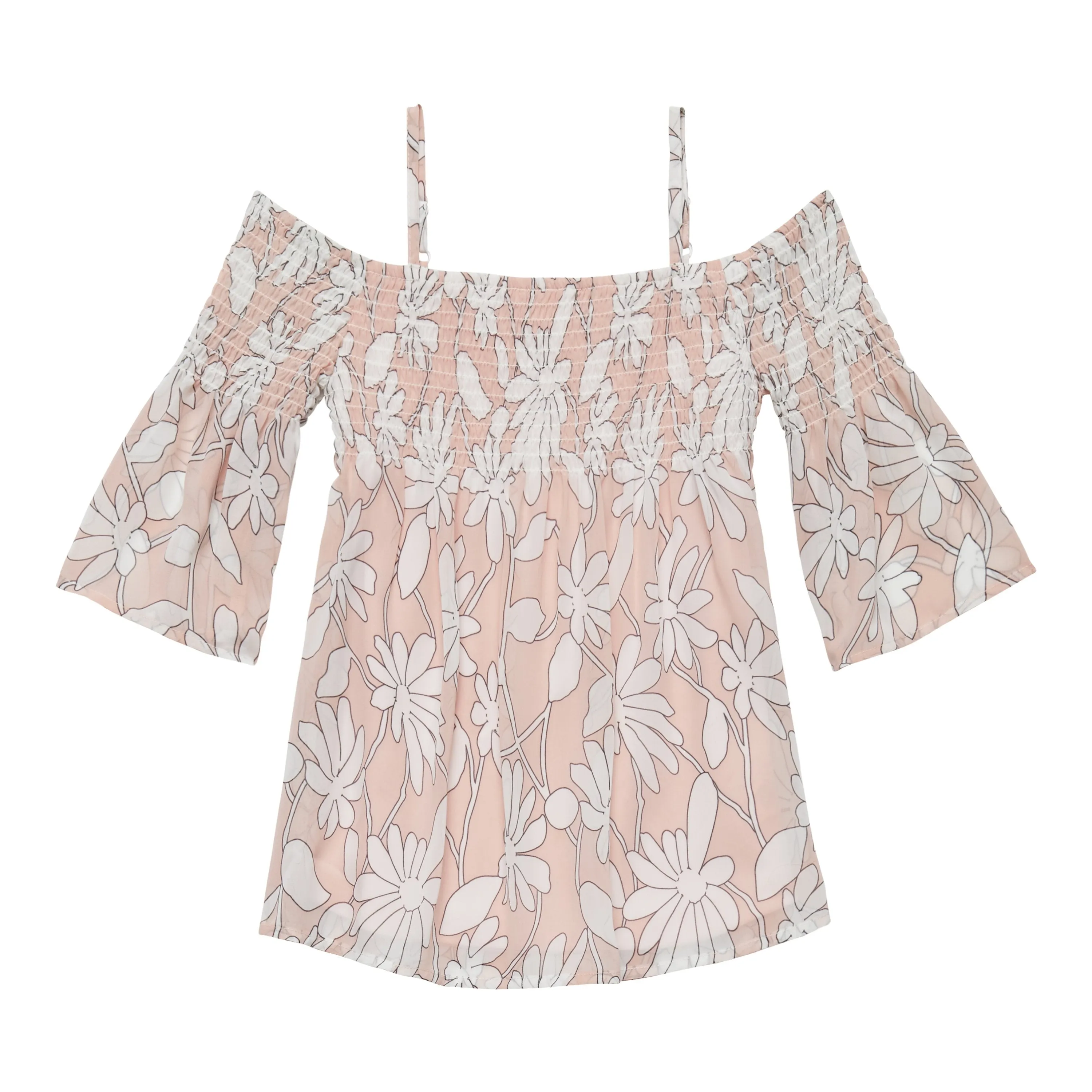 Wispy Floral Smocked Cold Shoulder Top