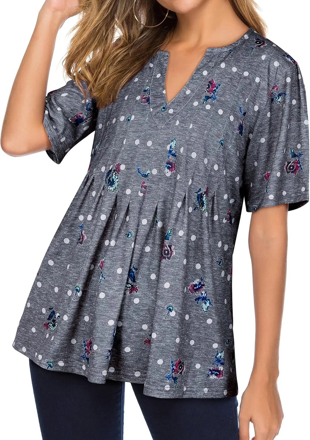 WLLW Women Bohemian Short Sleeve V Neck Floral Print T Shirt Babydoll Shirt Blouse Tunic Top