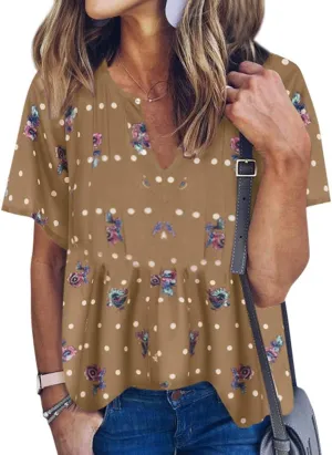 WLLW Women Bohemian Short Sleeve V Neck Floral Print T Shirt Babydoll Shirt Blouse Tunic Top