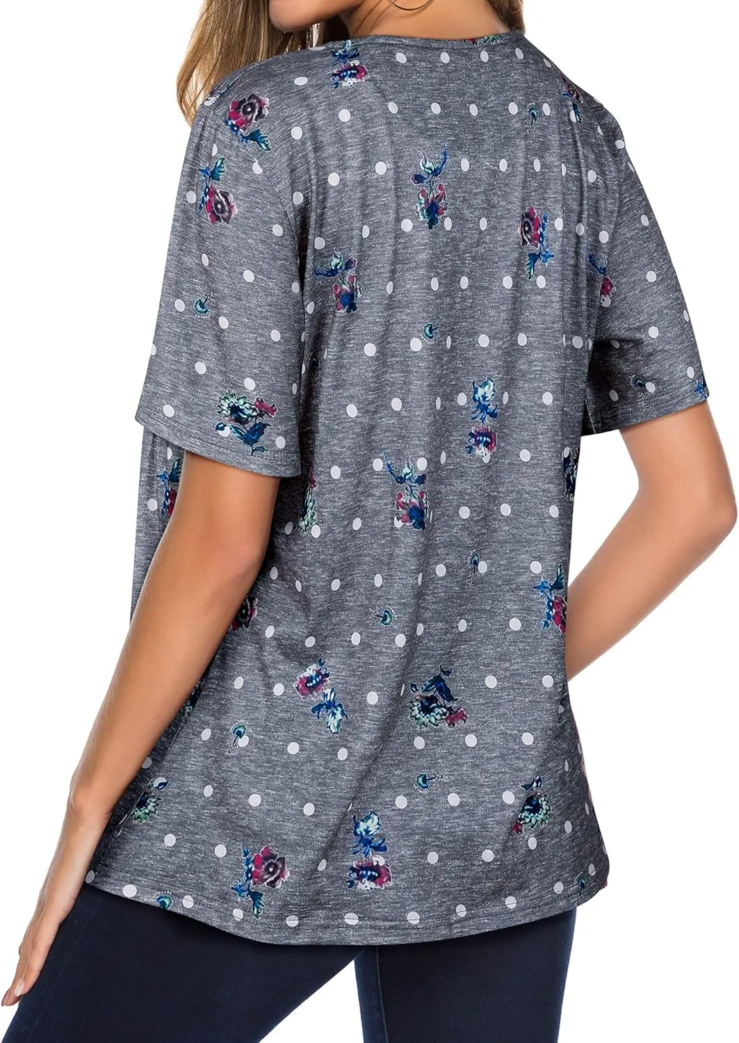 WLLW Women Bohemian Short Sleeve V Neck Floral Print T Shirt Babydoll Shirt Blouse Tunic Top
