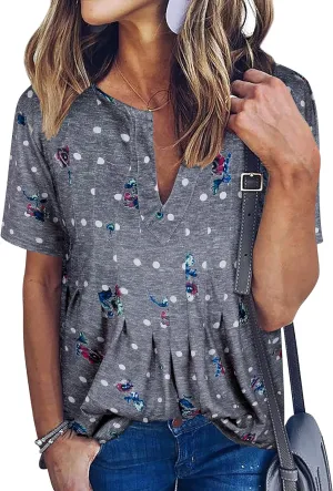 WLLW Women Bohemian Short Sleeve V Neck Floral Print T Shirt Babydoll Shirt Blouse Tunic Top