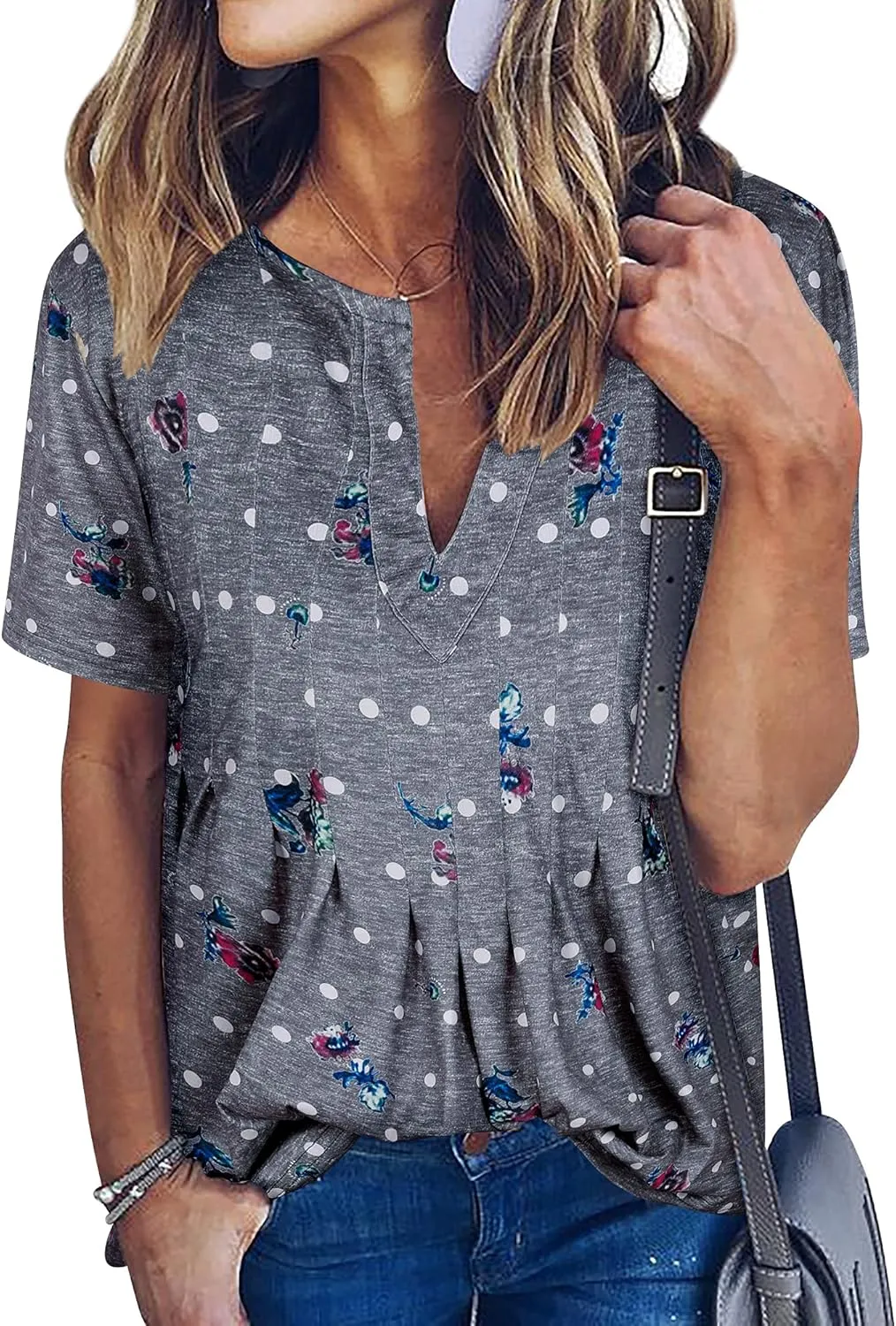 WLLW Women Bohemian Short Sleeve V Neck Floral Print T Shirt Babydoll Shirt Blouse Tunic Top