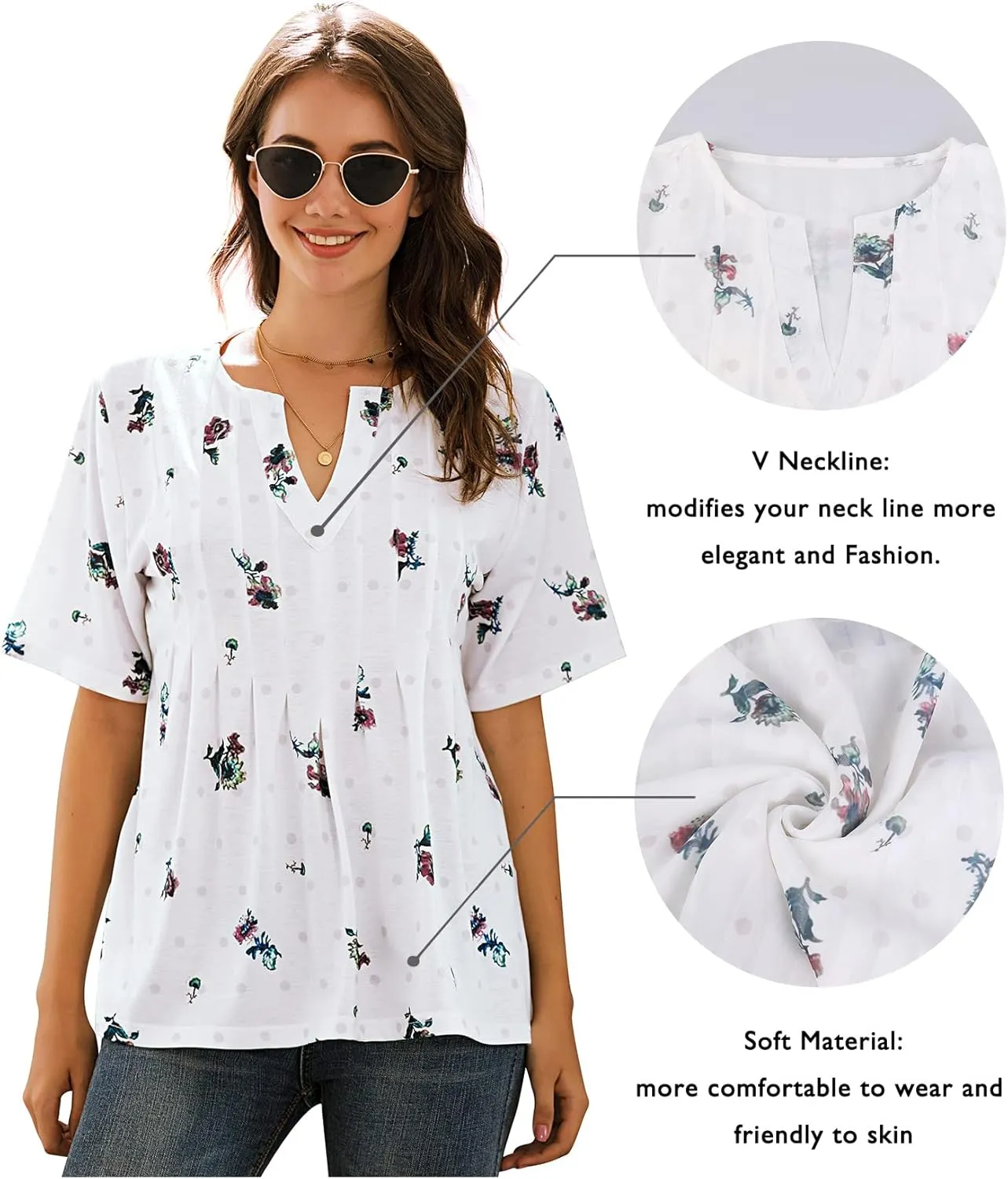 WLLW Women Bohemian Short Sleeve V Neck Floral Print T Shirt Babydoll Shirt Blouse Tunic Top