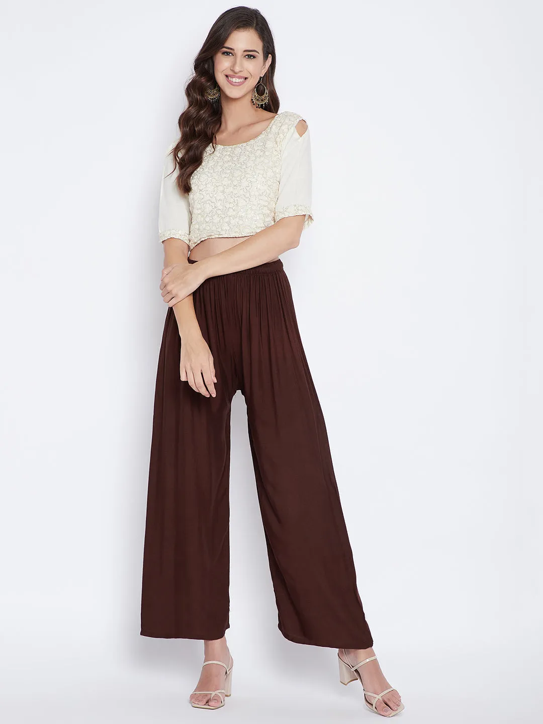 Women Coffee Solid Rayon Palazzo