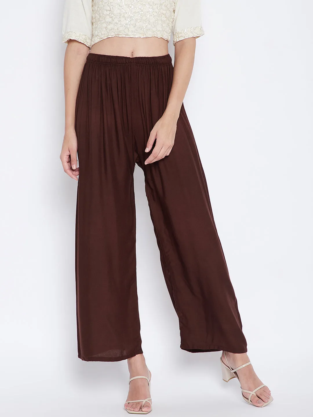 Women Coffee Solid Rayon Palazzo