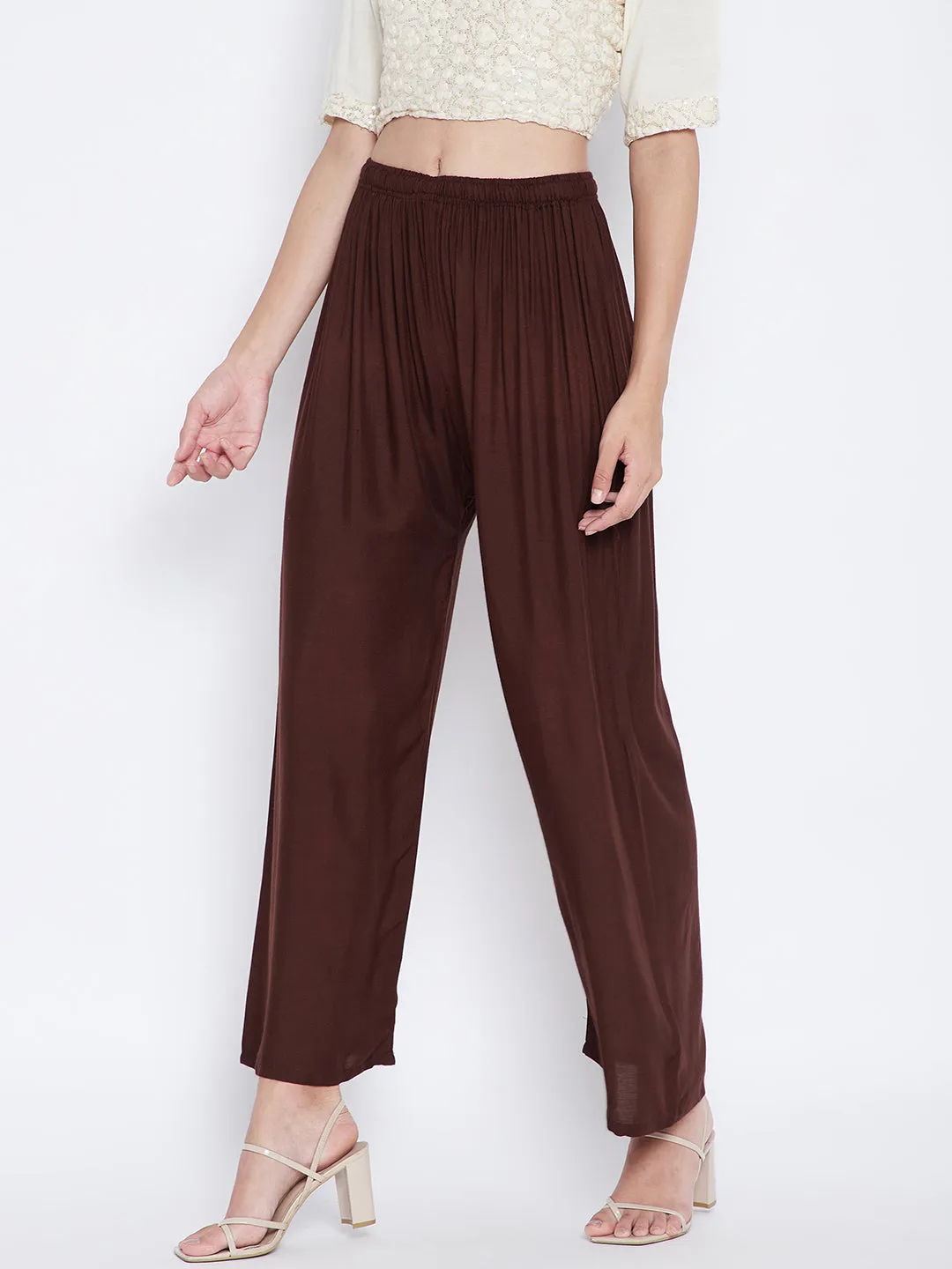 Women Coffee Solid Rayon Palazzo