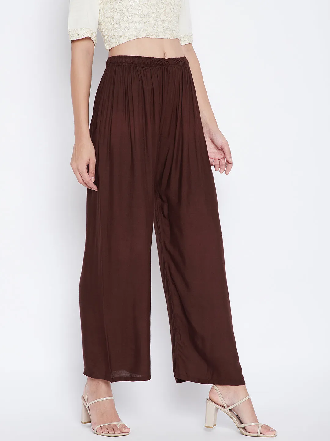 Women Coffee Solid Rayon Palazzo