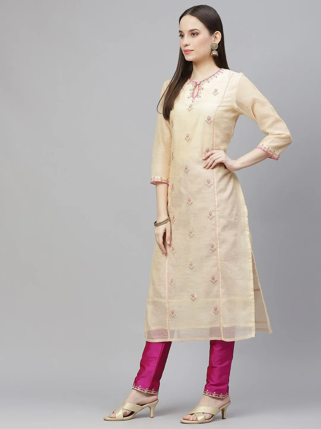 Women Cream-Coloured & Pink Embroidered Kurta With Trousers