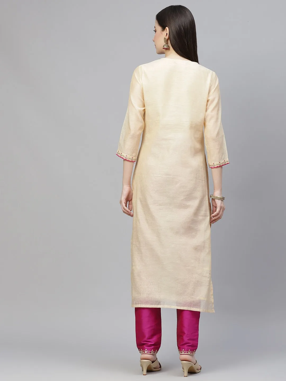 Women Cream-Coloured & Pink Embroidered Kurta With Trousers