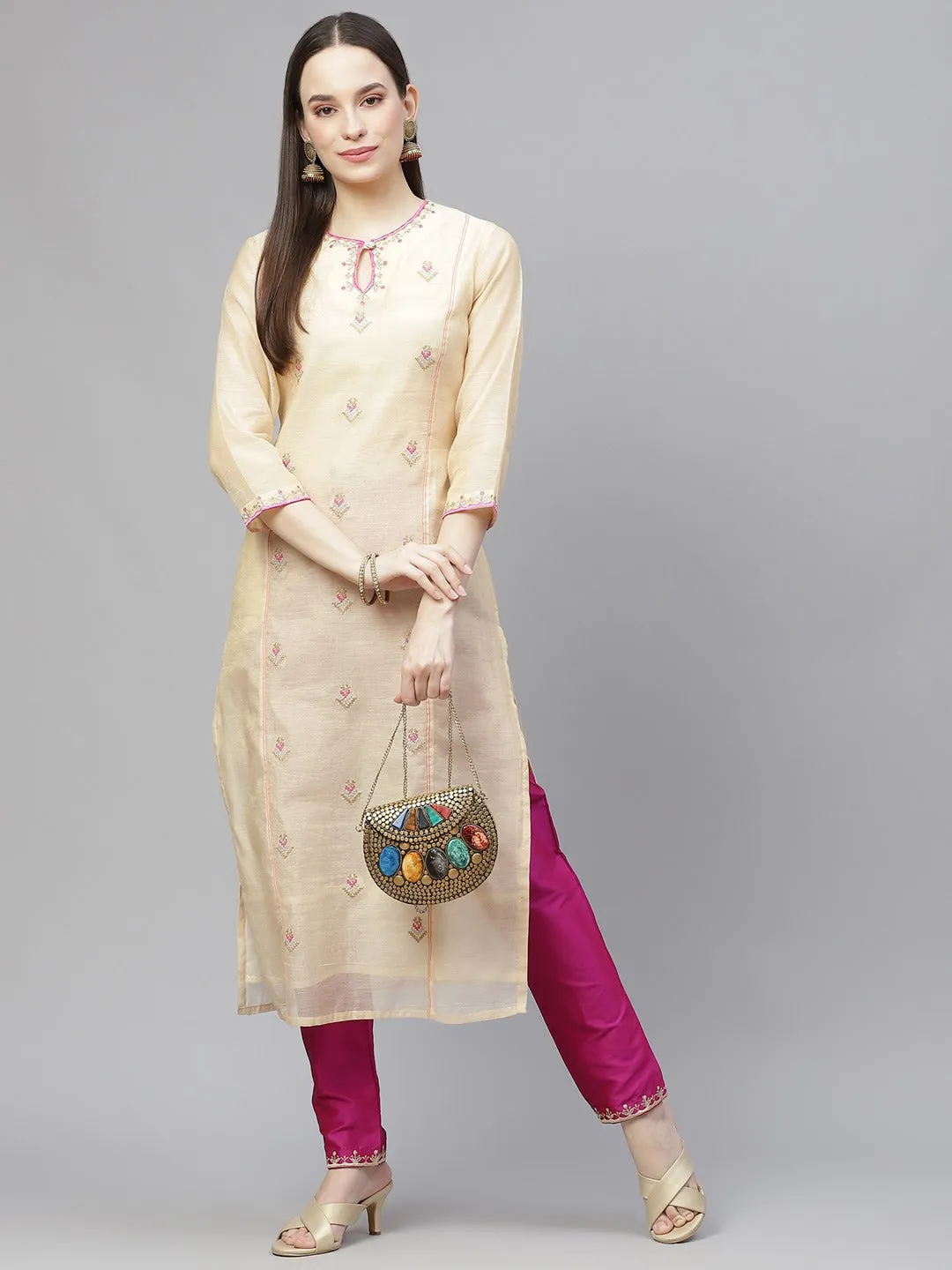 Women Cream-Coloured & Pink Embroidered Kurta With Trousers