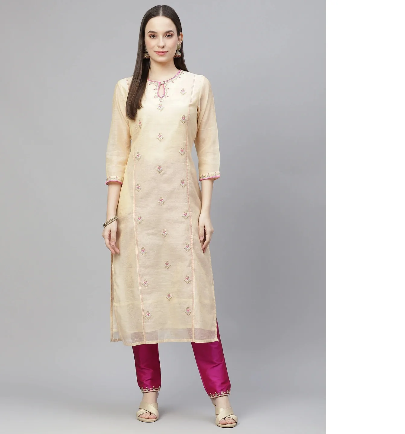 Women Cream-Coloured & Pink Embroidered Kurta With Trousers