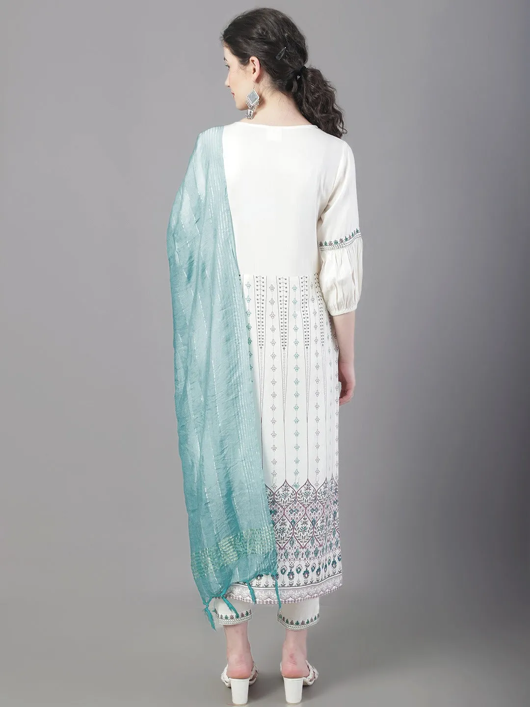 Women Ethnic Motifs Printed Thread Work Kurta With Trousers & With Dupatta