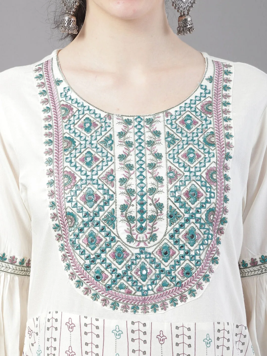 Women Ethnic Motifs Printed Thread Work Kurta With Trousers & With Dupatta