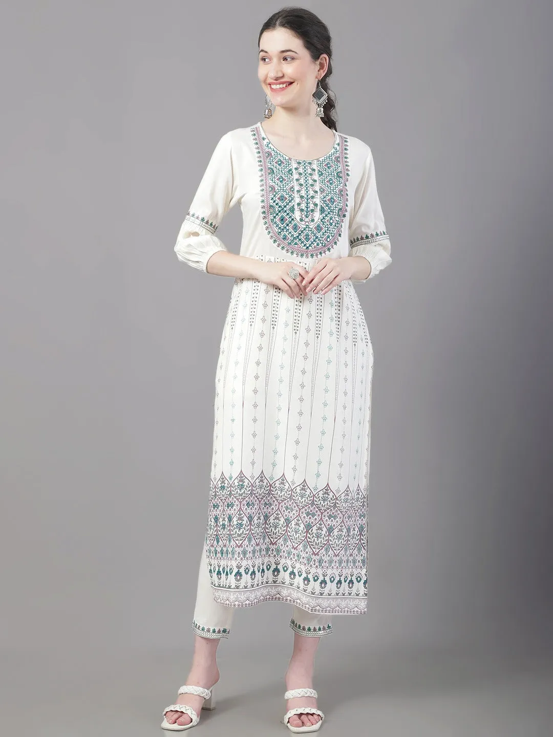 Women Ethnic Motifs Printed Thread Work Kurta With Trousers & With Dupatta