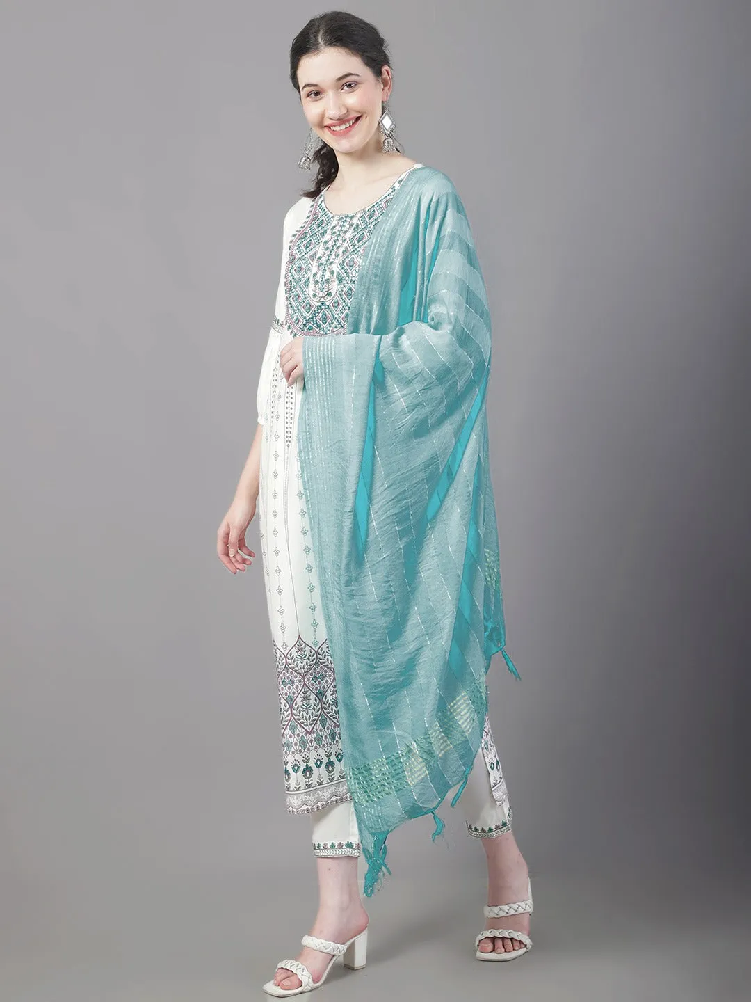 Women Ethnic Motifs Printed Thread Work Kurta With Trousers & With Dupatta