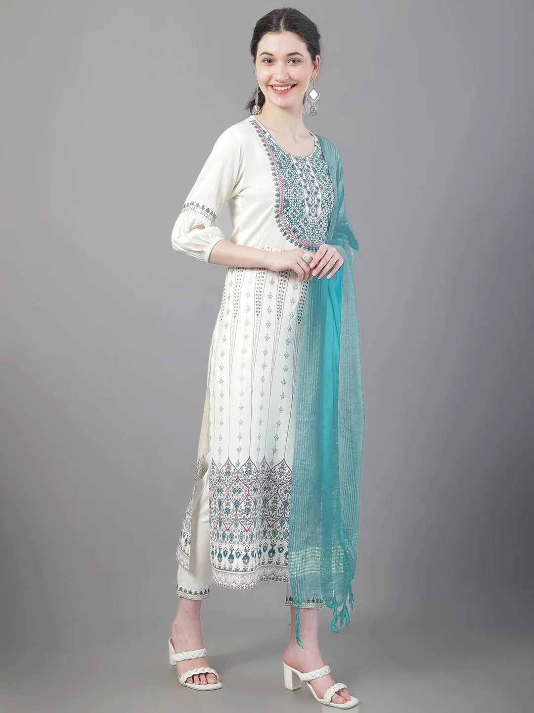 Women Ethnic Motifs Printed Thread Work Kurta With Trousers & With Dupatta