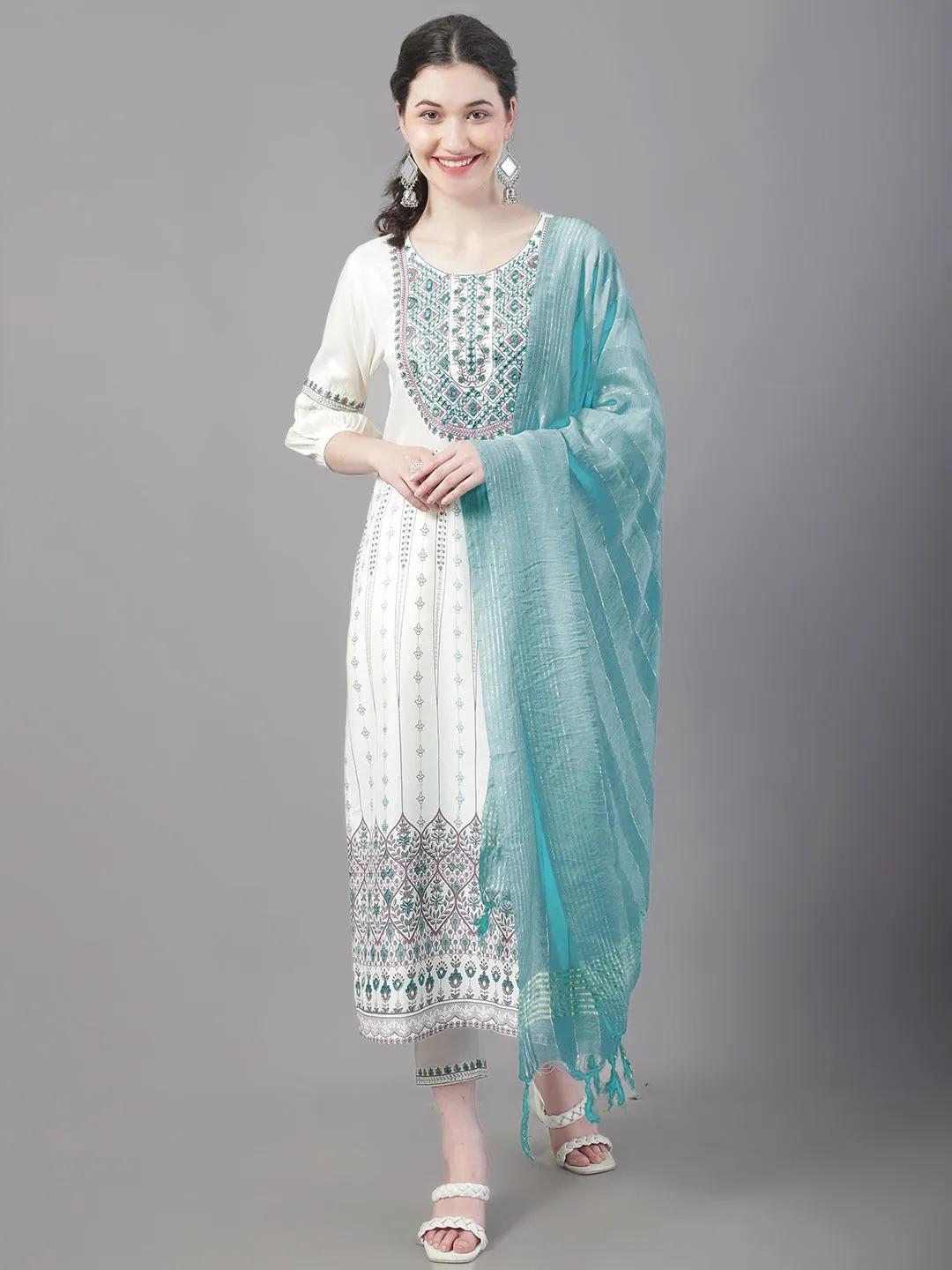 Women Ethnic Motifs Printed Thread Work Kurta With Trousers & With Dupatta