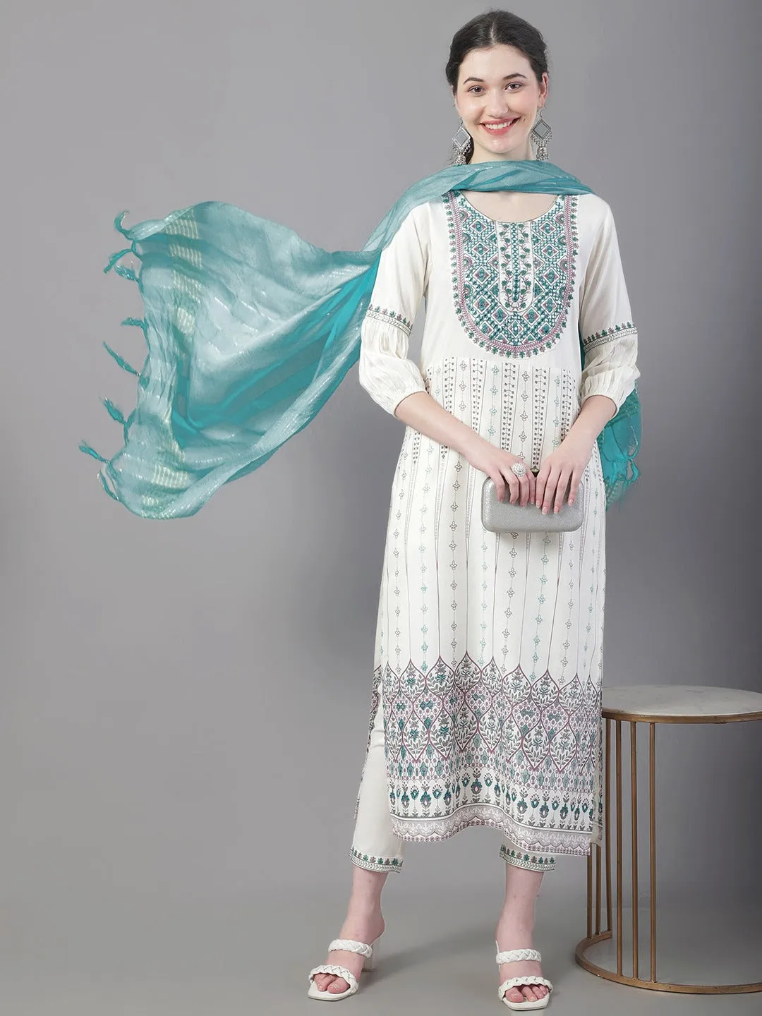 Women Ethnic Motifs Printed Thread Work Kurta With Trousers & With Dupatta