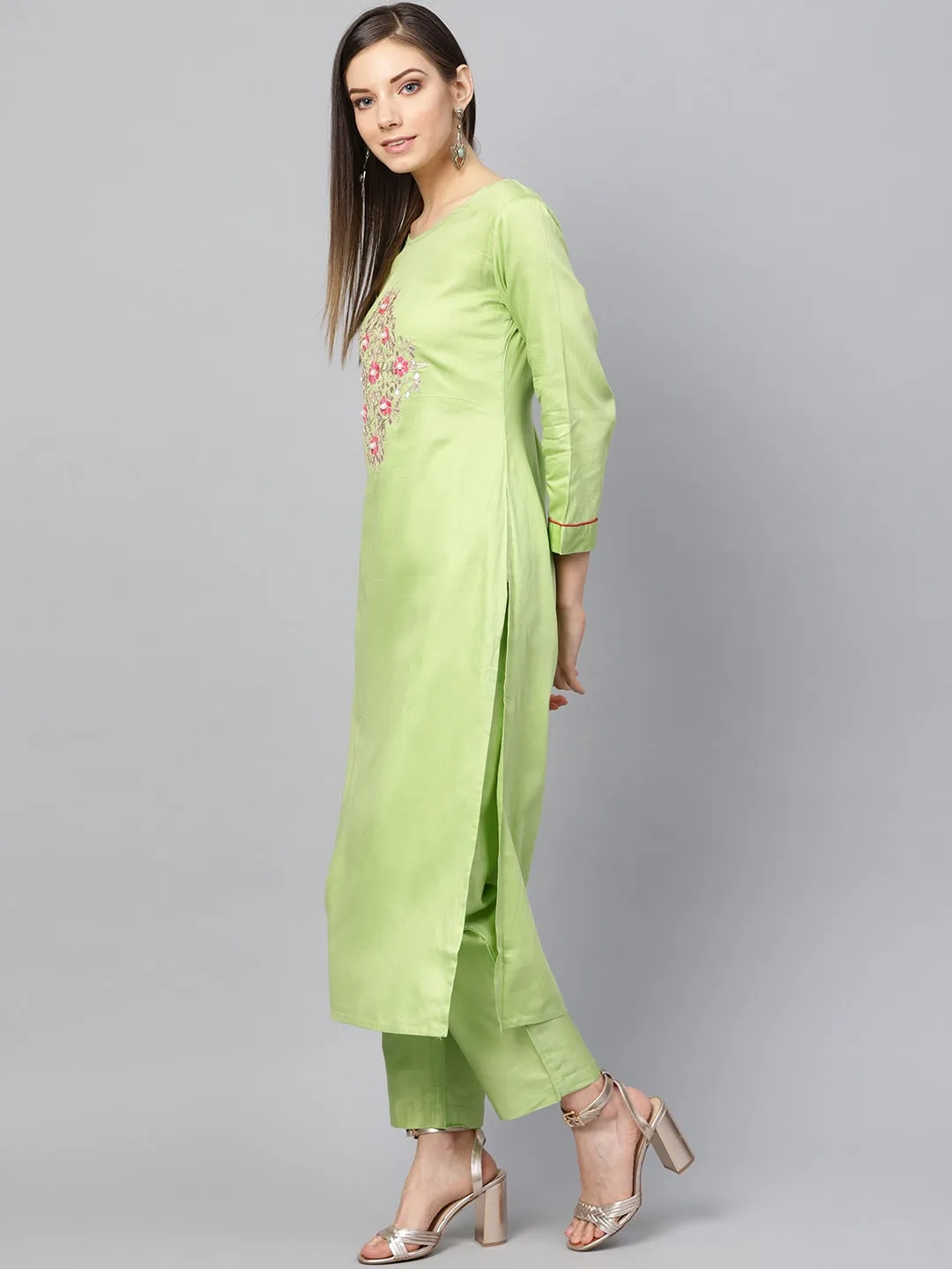 Women Green Straight Kurta Set