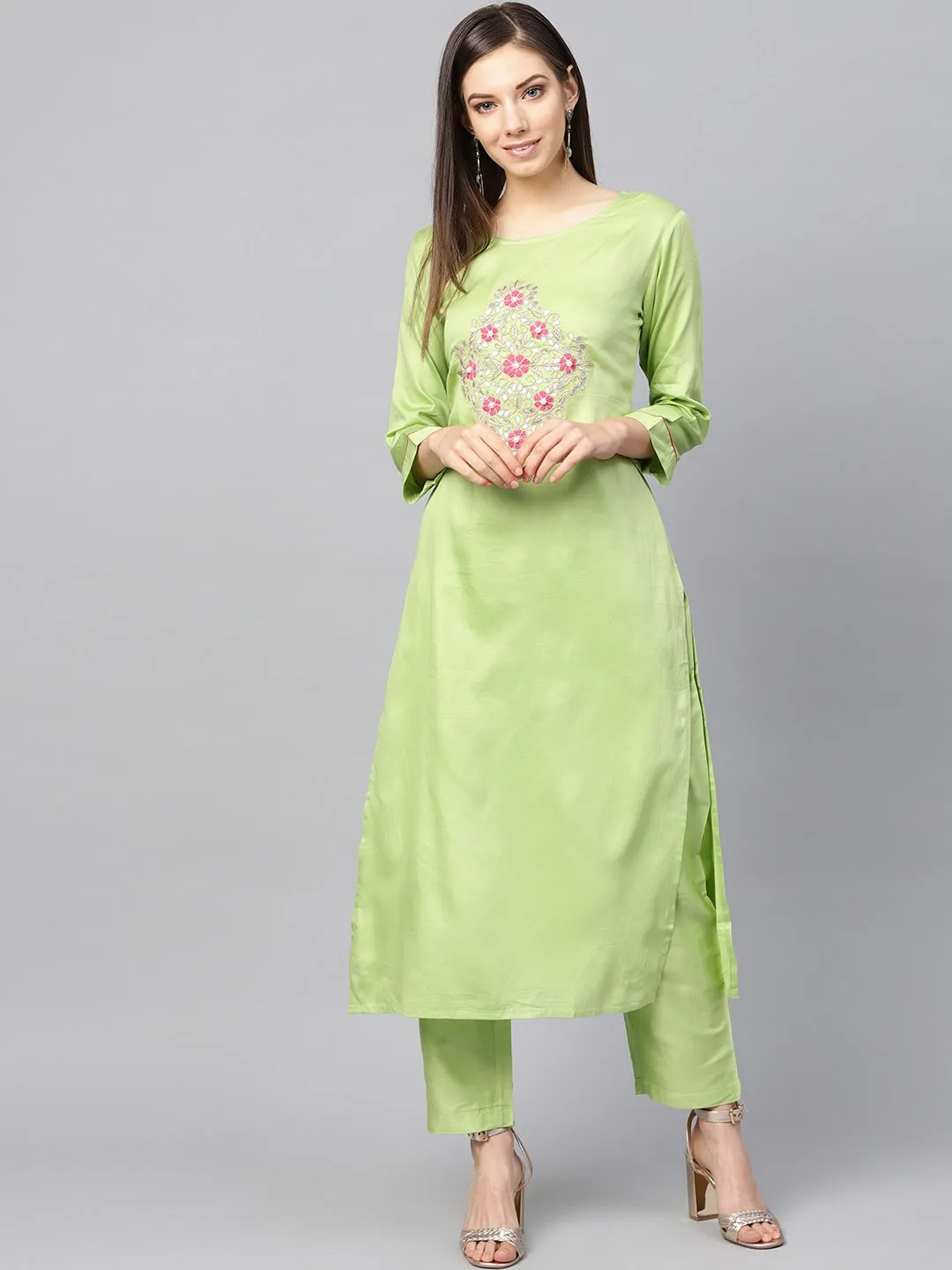Women Green Straight Kurta Set