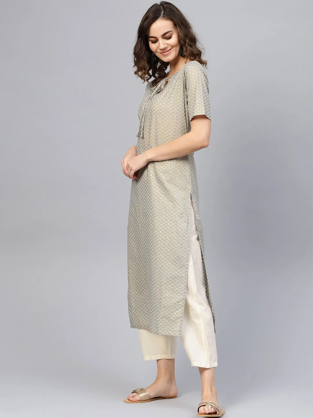 Women Grey Short Sleeves Keyhole Neck Straight Pure Cotton Kurta And Trousers Set