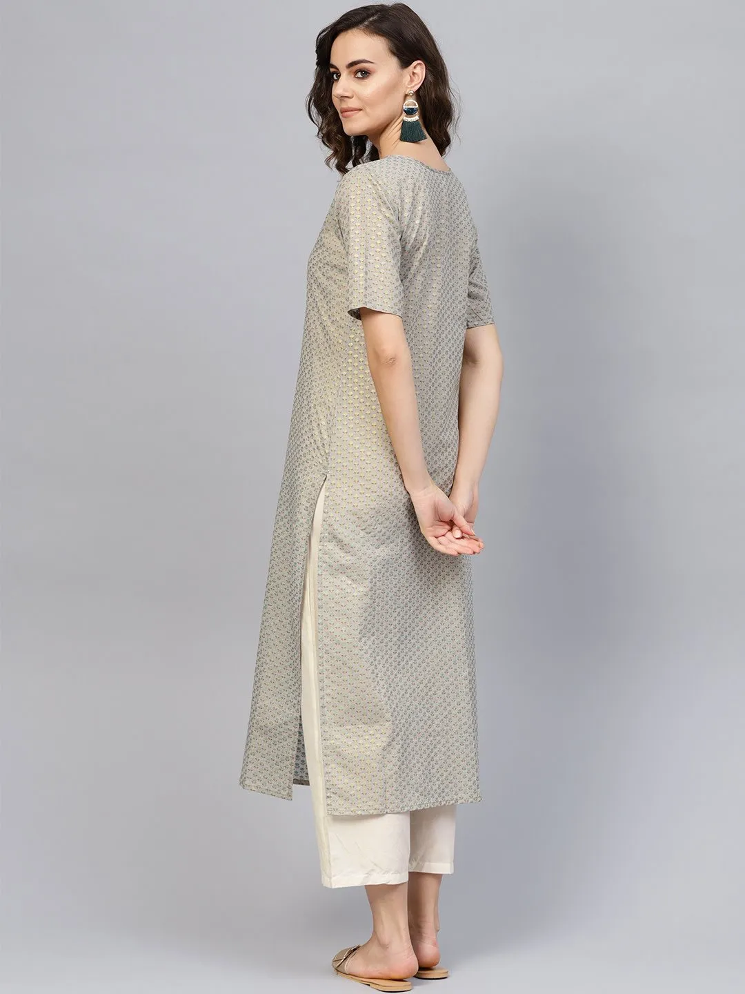 Women Grey Short Sleeves Keyhole Neck Straight Pure Cotton Kurta And Trousers Set