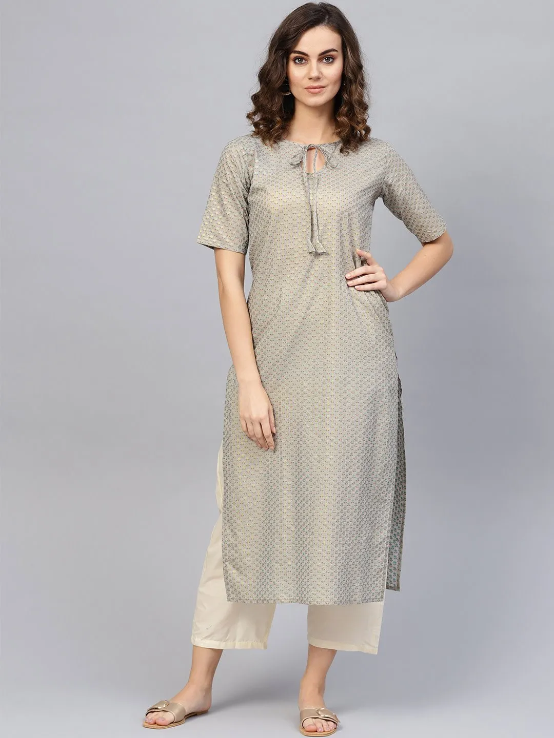 Women Grey Short Sleeves Keyhole Neck Straight Pure Cotton Kurta And Trousers Set