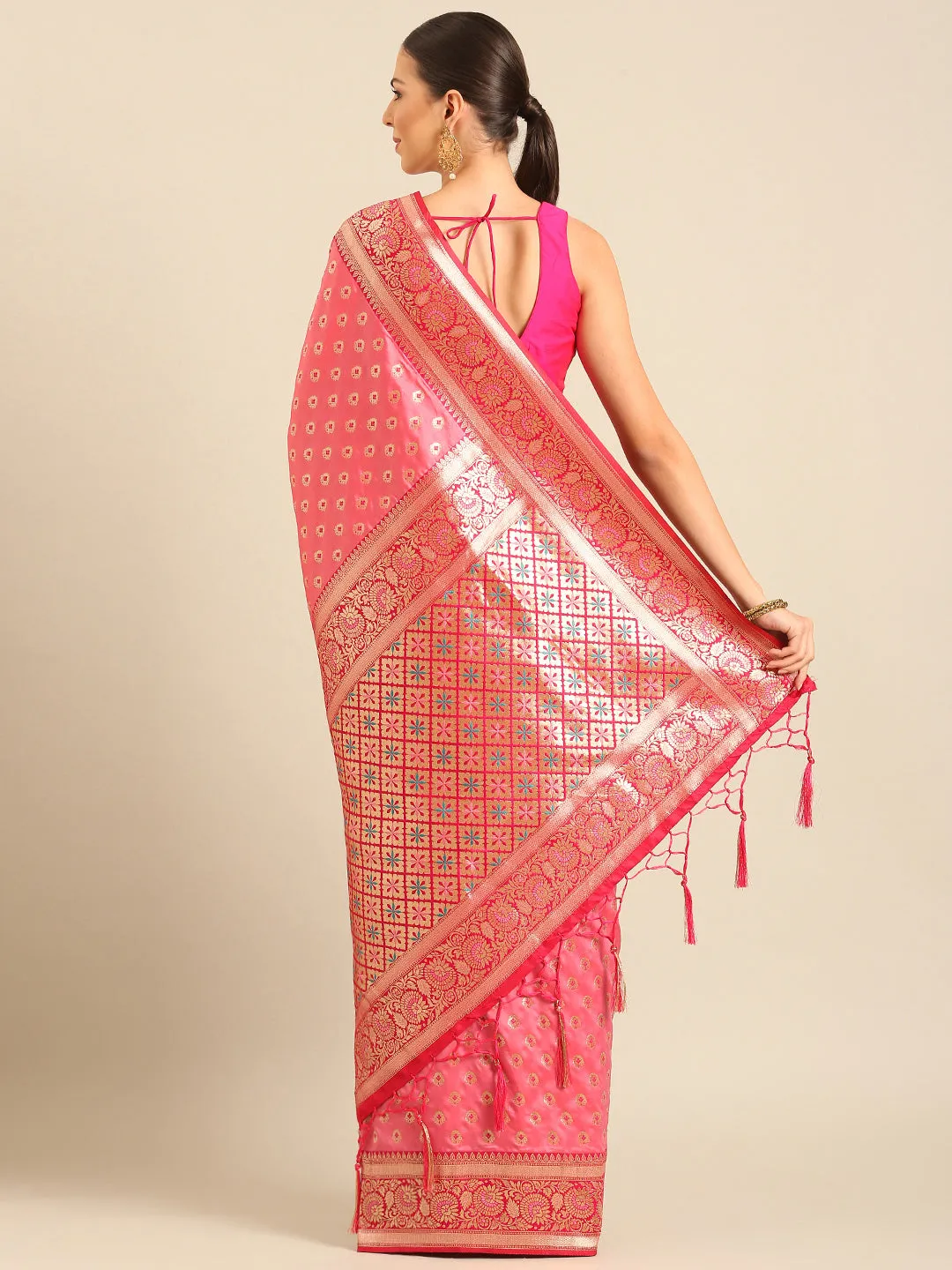 Women Light Pink Banarasi Silk Saree With Un Stitched Blouse