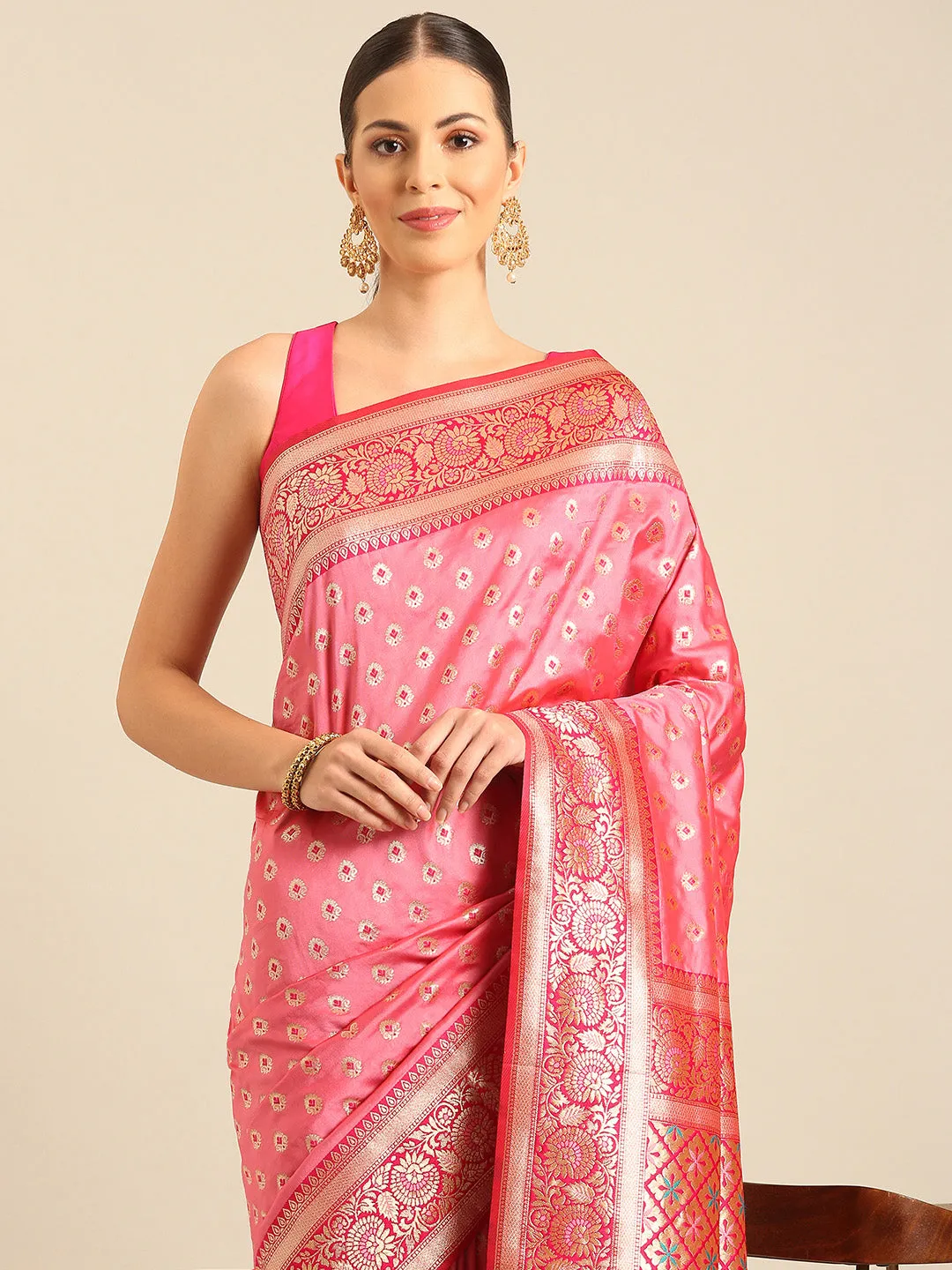 Women Light Pink Banarasi Silk Saree With Un Stitched Blouse