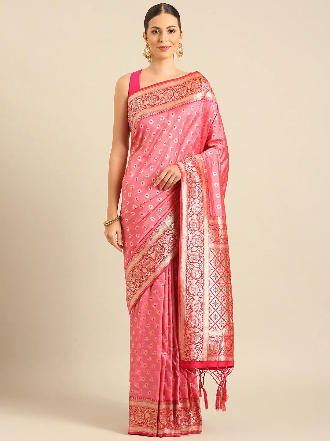 Women Light Pink Banarasi Silk Saree With Un Stitched Blouse