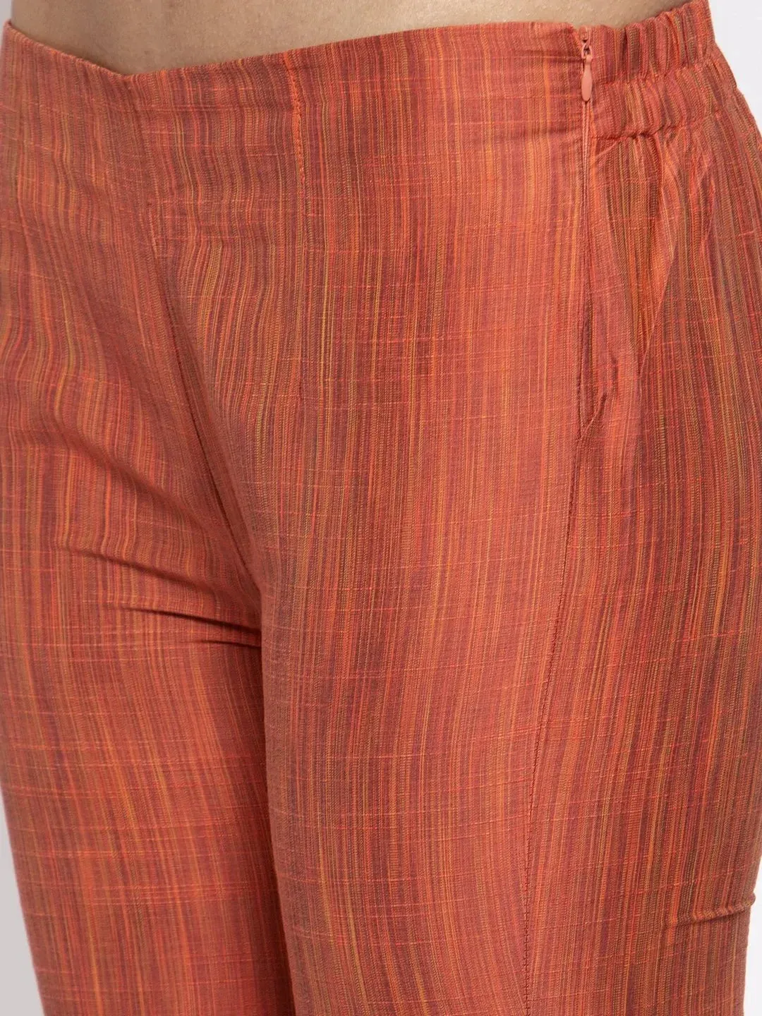 Women Orange Self-Striped Kurta With Trousers