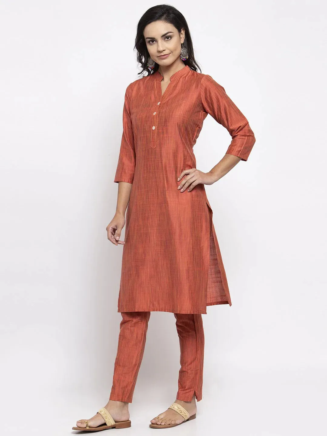 Women Orange Self-Striped Kurta With Trousers