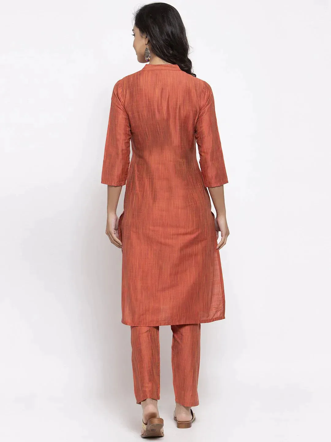 Women Orange Self-Striped Kurta With Trousers