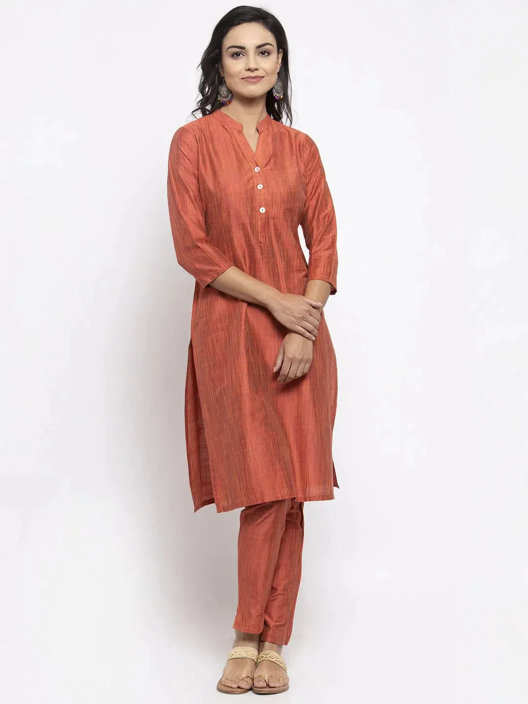 Women Orange Self-Striped Kurta With Trousers
