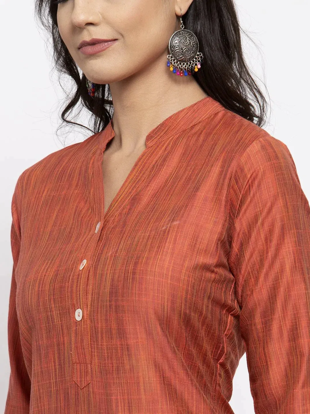 Women Orange Self-Striped Kurta With Trousers