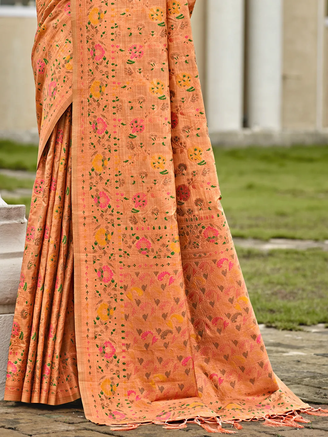 Women Orange Silk Saree With Un Stitched Blouse