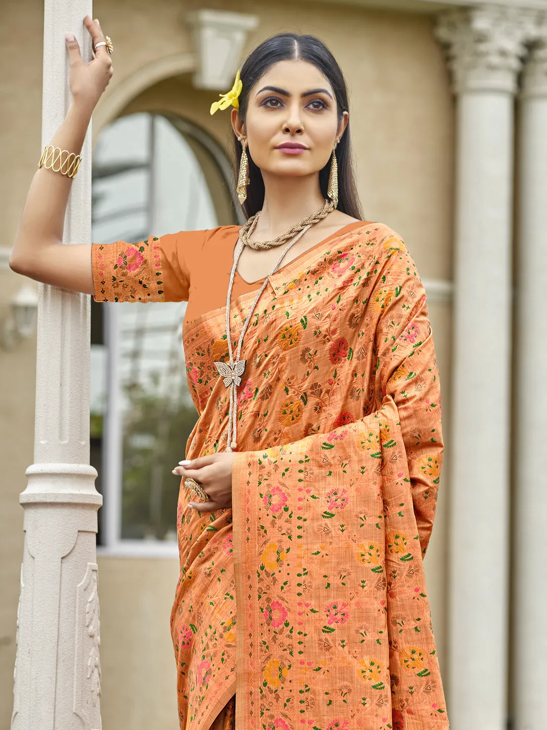 Women Orange Silk Saree With Un Stitched Blouse