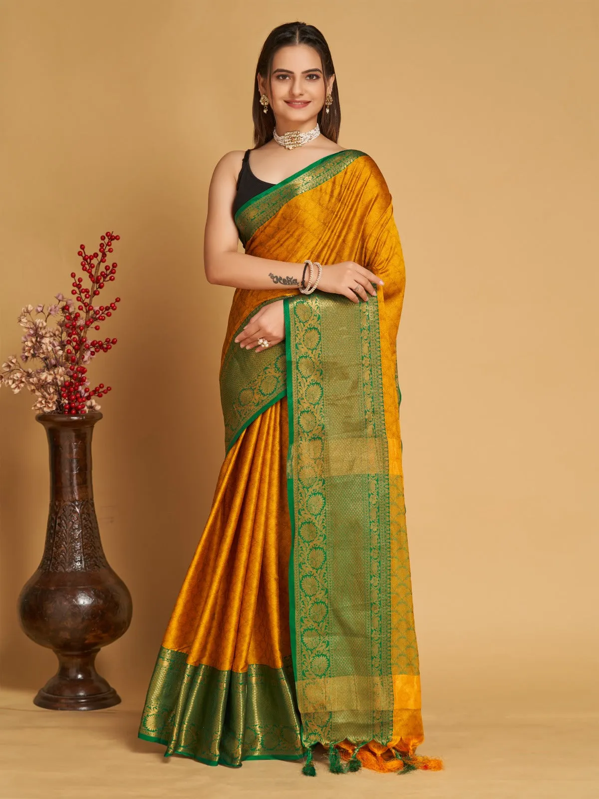 Women Party Wear Designer Dark Yellow Colour Banarasi Silk Saree Collection