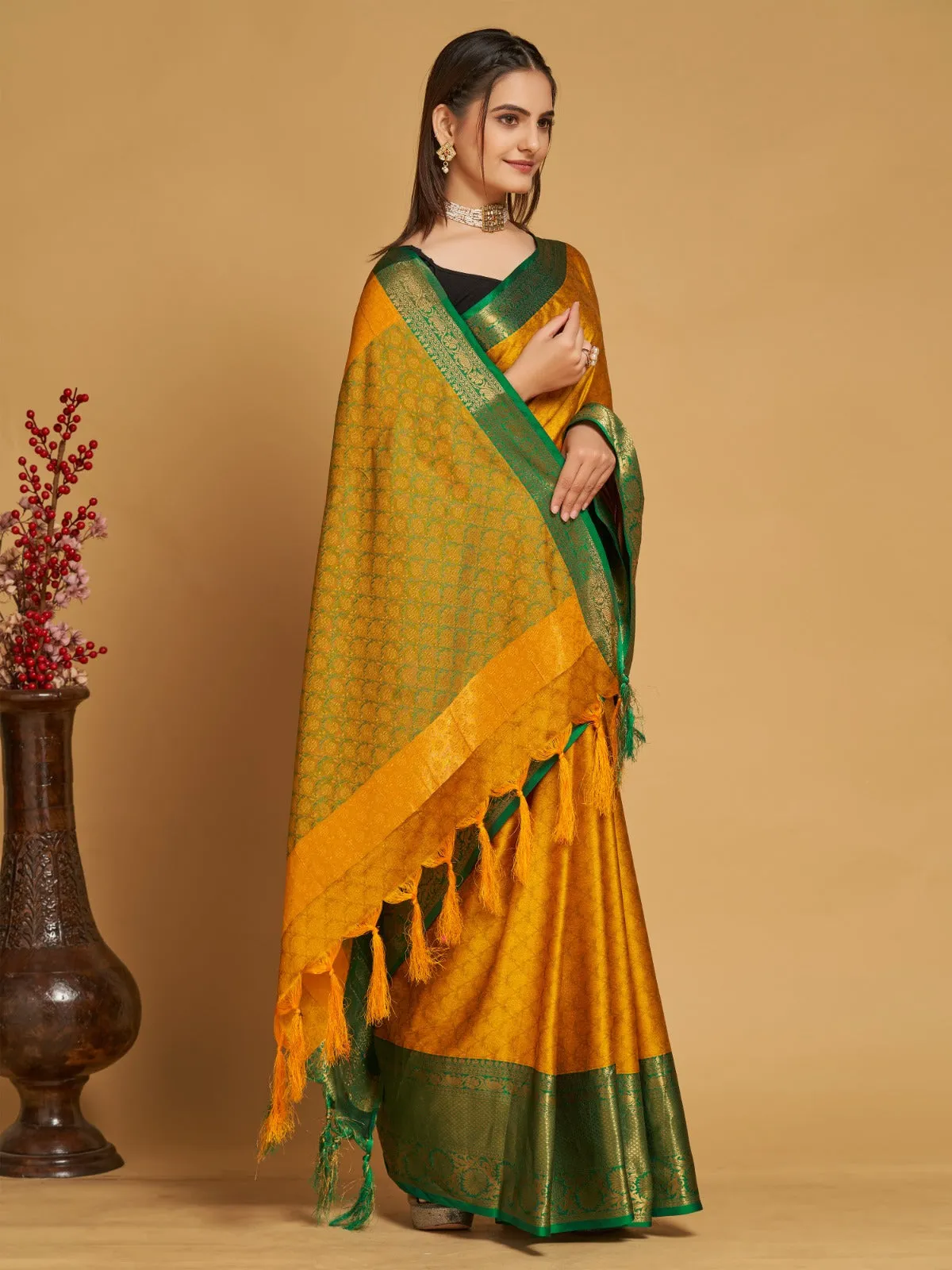 Women Party Wear Designer Dark Yellow Colour Banarasi Silk Saree Collection