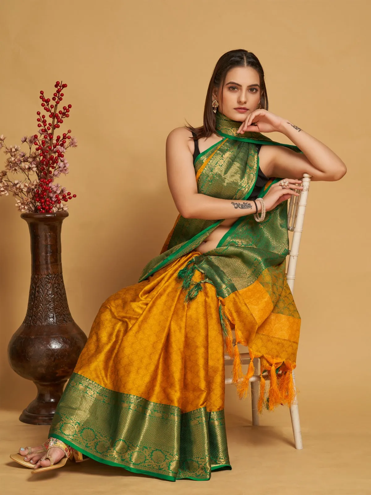 Women Party Wear Designer Dark Yellow Colour Banarasi Silk Saree Collection