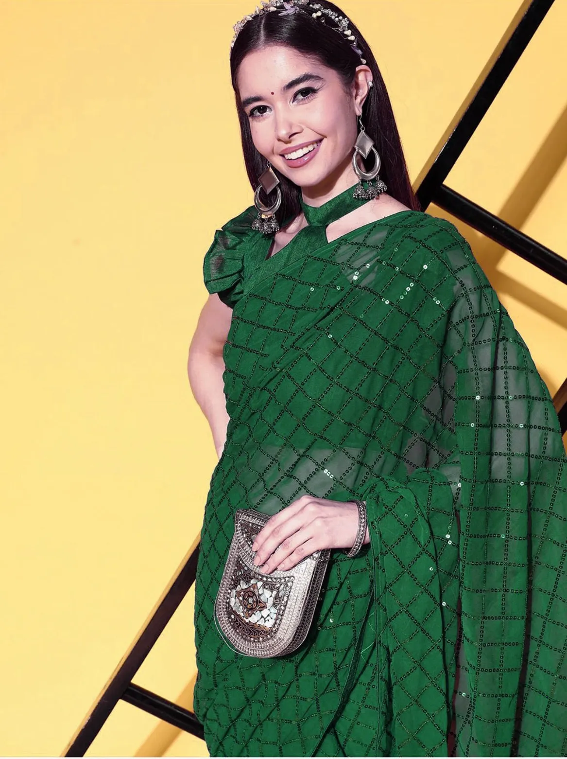 Women Party Wear Designer Green Colour Soft Georgette Fabric Sequence Embroidery Worked Saree Collection