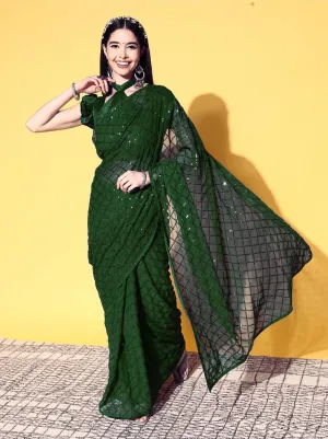 Women Party Wear Designer Green Colour Soft Georgette Fabric Sequence Embroidery Worked Saree Collection