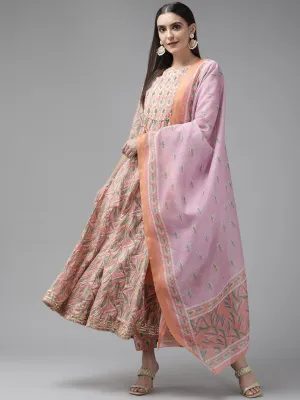 Women Peach Printed Aari Work Pure Cotton Kurta With Trousers & Dupatta