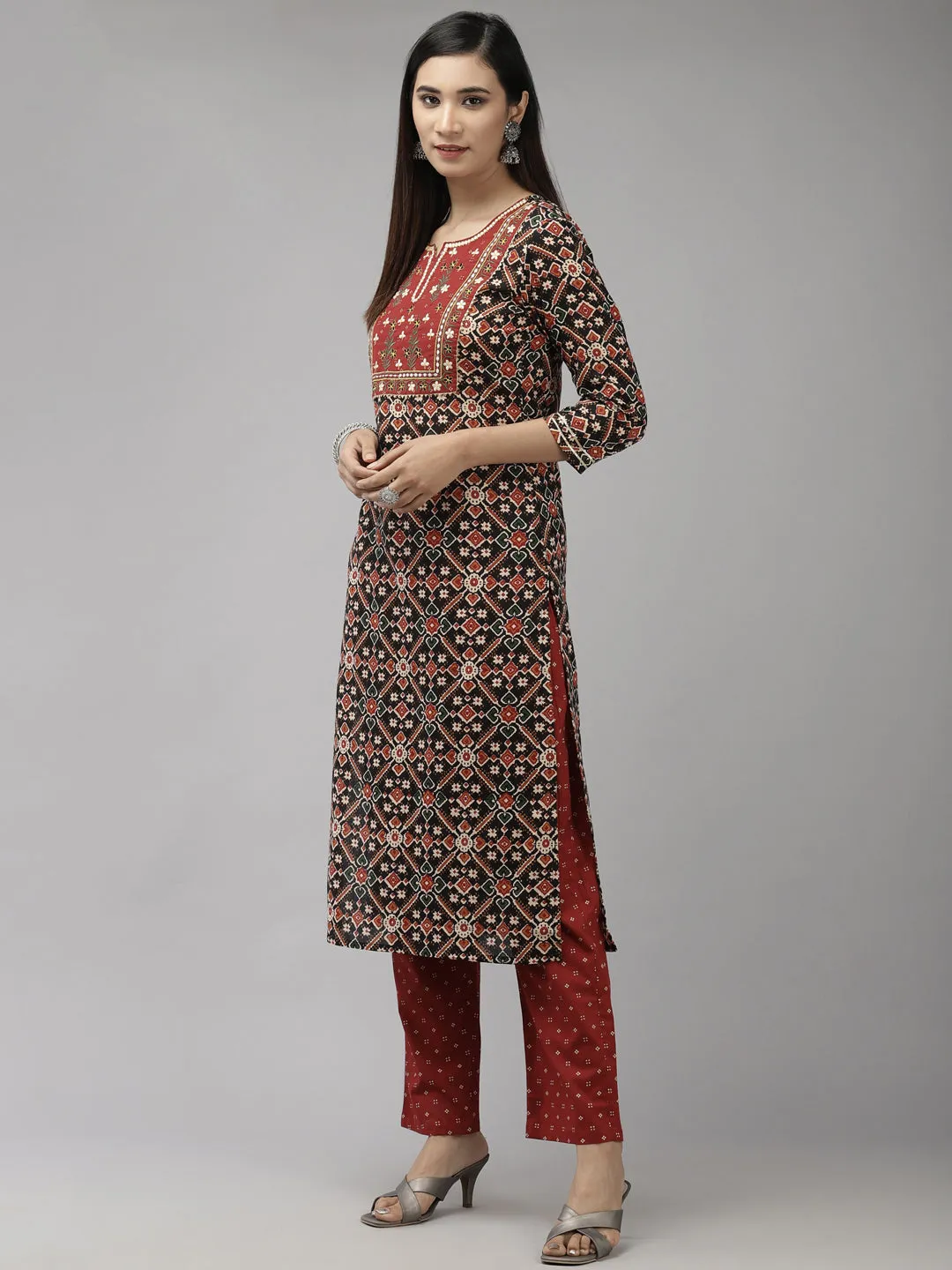 Women Red And Black Pure Cotton Kurta Set With Dupatta