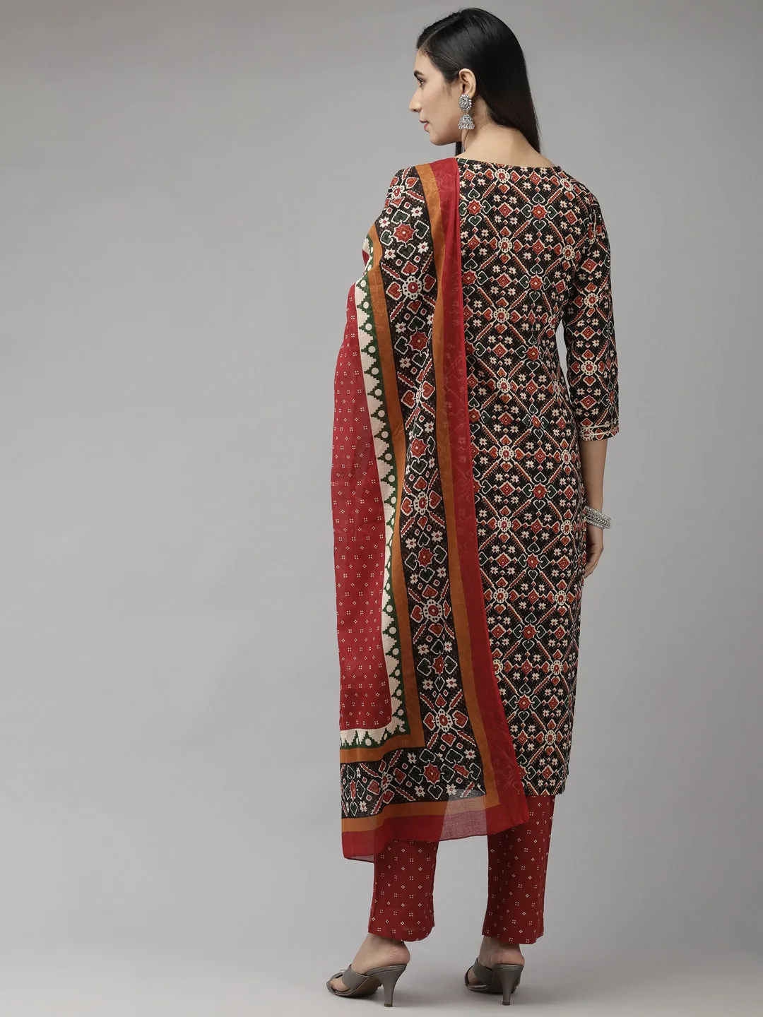Women Red And Black Pure Cotton Kurta Set With Dupatta