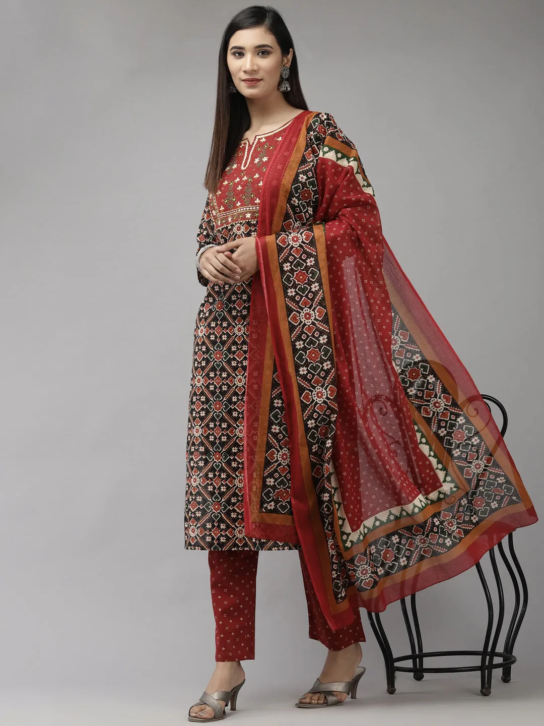 Women Red And Black Pure Cotton Kurta Set With Dupatta