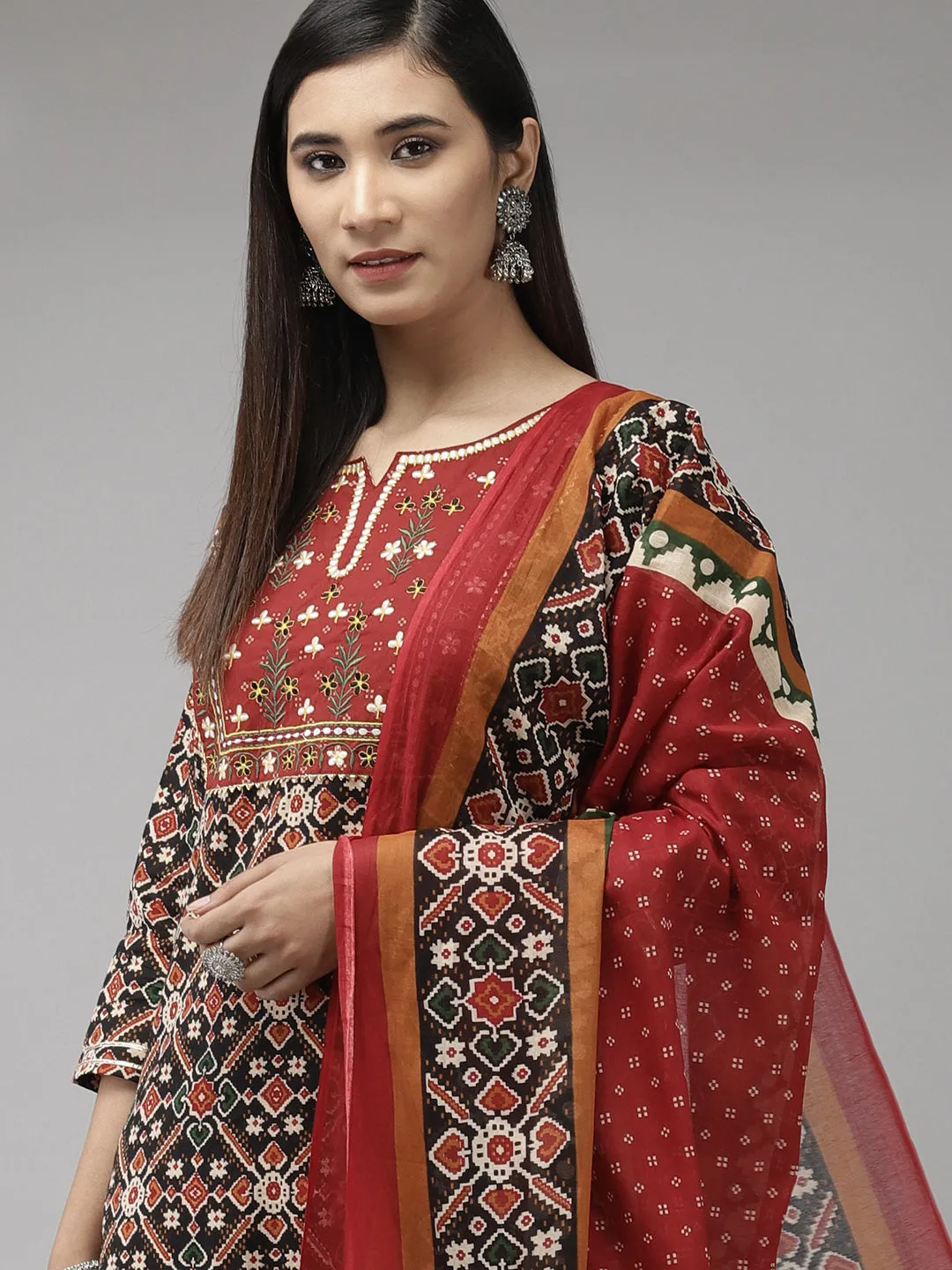 Women Red And Black Pure Cotton Kurta Set With Dupatta