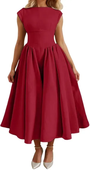Women Summer Casual Dress Flowy Waist A-Line Midi Dress for Vacation Party Wedding Guest Formal Evening Gown