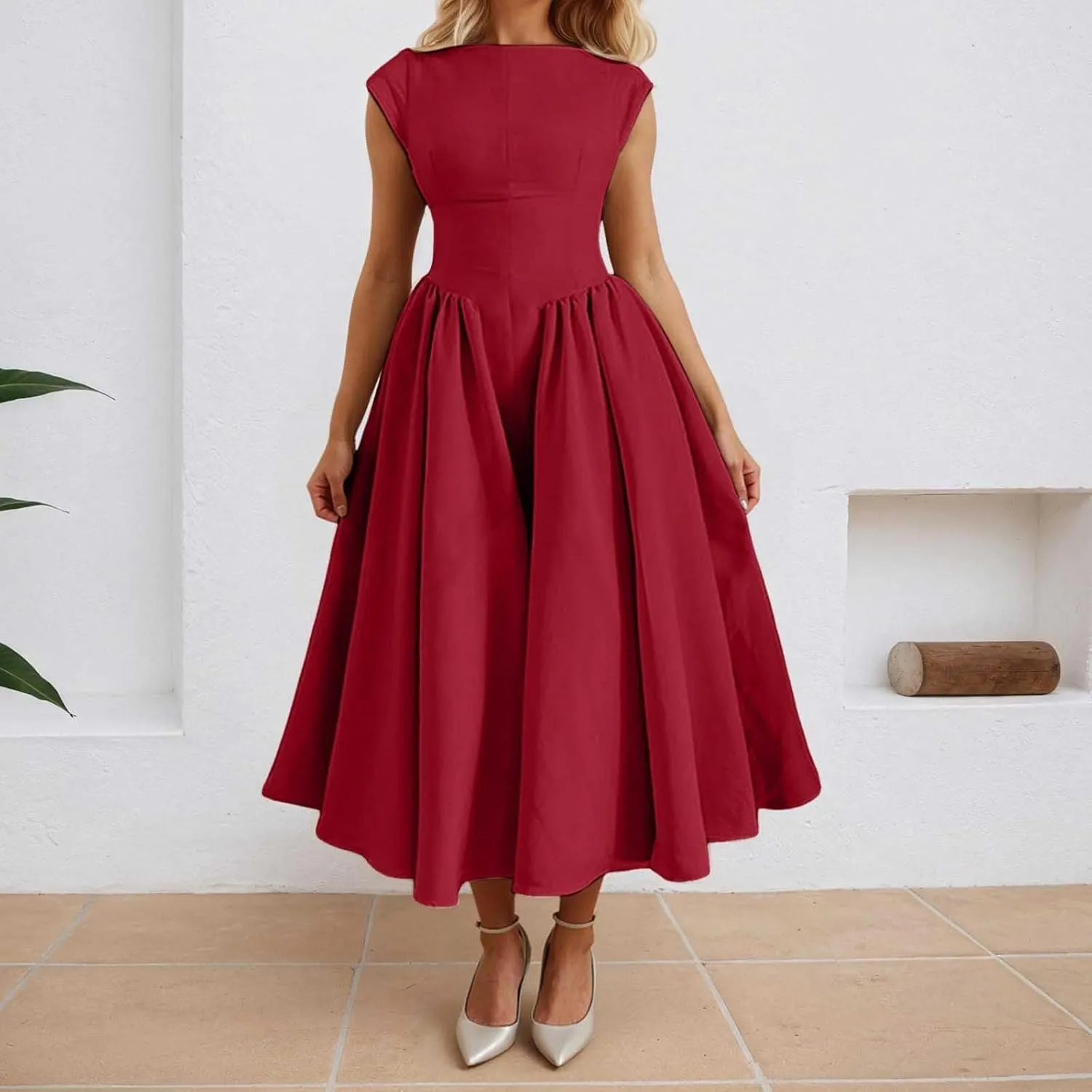 Women Summer Casual Dress Flowy Waist A-Line Midi Dress for Vacation Party Wedding Guest Formal Evening Gown