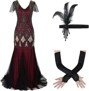 Women's 1920s Flapper Dress Vintage Great Gatsby Party Sequin Maxi Evening Cocktail Dresses with 20s Accessories Set
